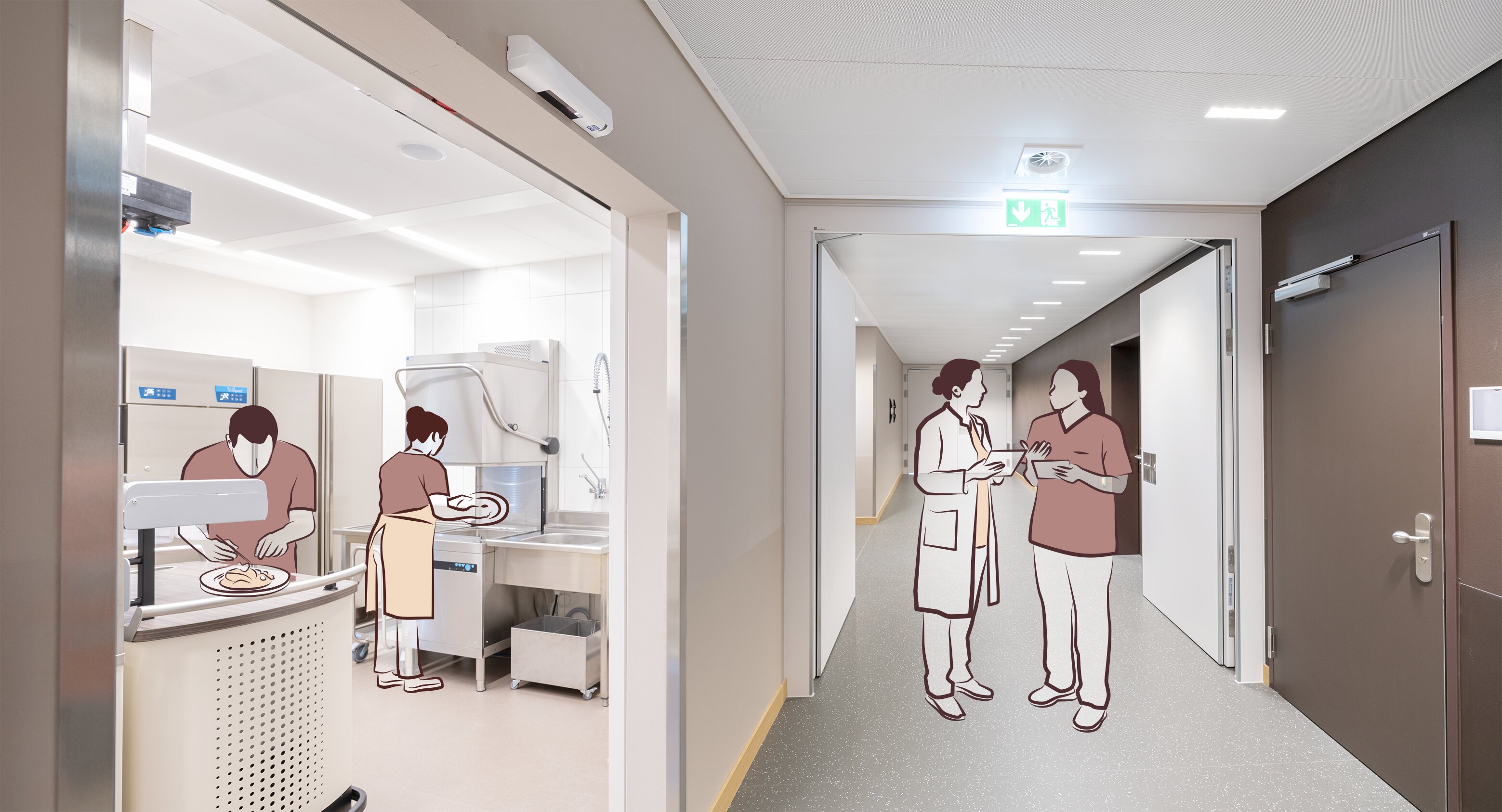 Einblick in den Aufbereitungsraum der Patientenhotellerie (links).