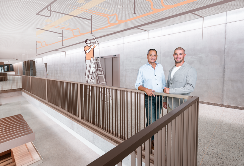 Im 3. Stock des Boulevards: Mike Arreza, Programmleiter Dreiklang am KSA (links), und Patric Sommer, Senior BIM-Manager bei der Implenia AG (rechts).